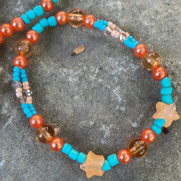 Handmade Boho Necklace Leaf Centre & Peach & Turquoise Beads & Matching Earrings - Picture 2 of 12